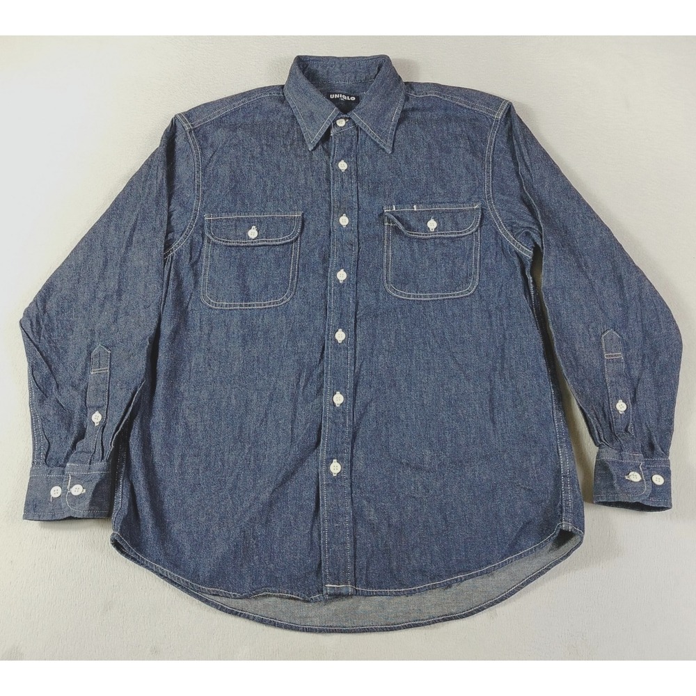 Uniqlo Shirt Mens Medium Blue Denim Long Sleeve Button Up Workwear Western